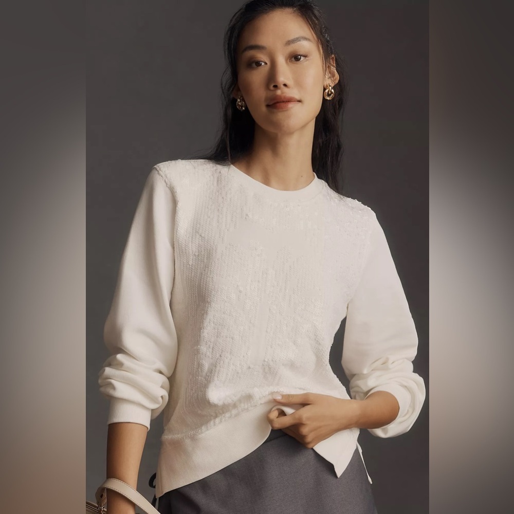 Anthropologie White Sequin Ribbed Sweatshirt
